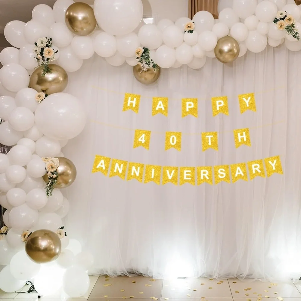 Happy 40th Anniversary Banner Gold Glitter Decorations Party Decor 10 ft